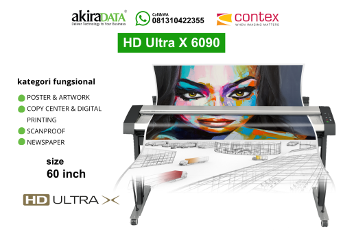Scanner Contex HD Ultra X 6090 ukuran 60 inch untuk pemindaian large format, digunakan pada kebutuhan poster, artwork, copy center, digital printing, scanproof, dan newspaper.