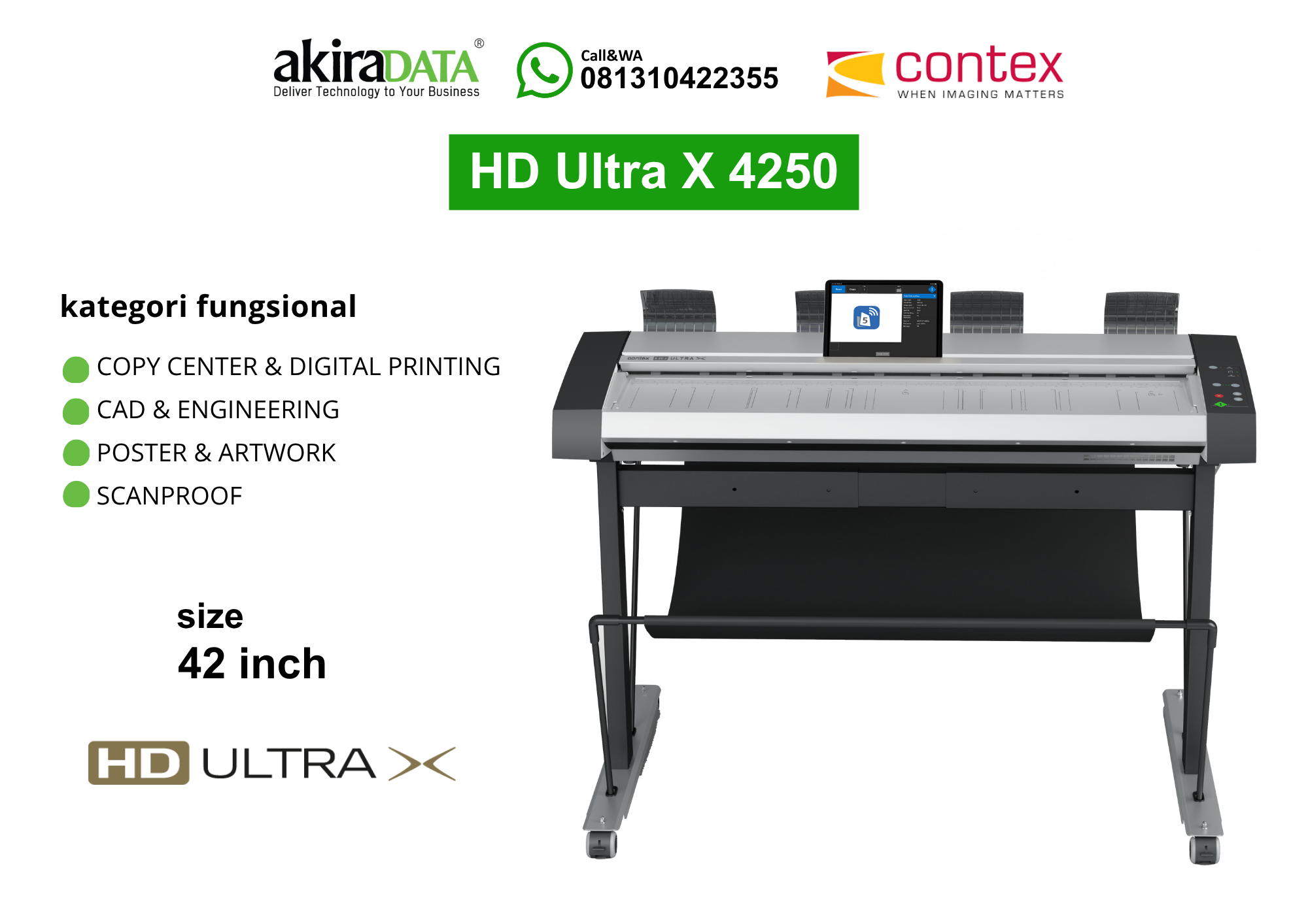 Scanner Contex HD Ultra X 4250 format besar 42 inch untuk pemindaian CAD, engineering, poster, artwork, dan kebutuhan scanproof.