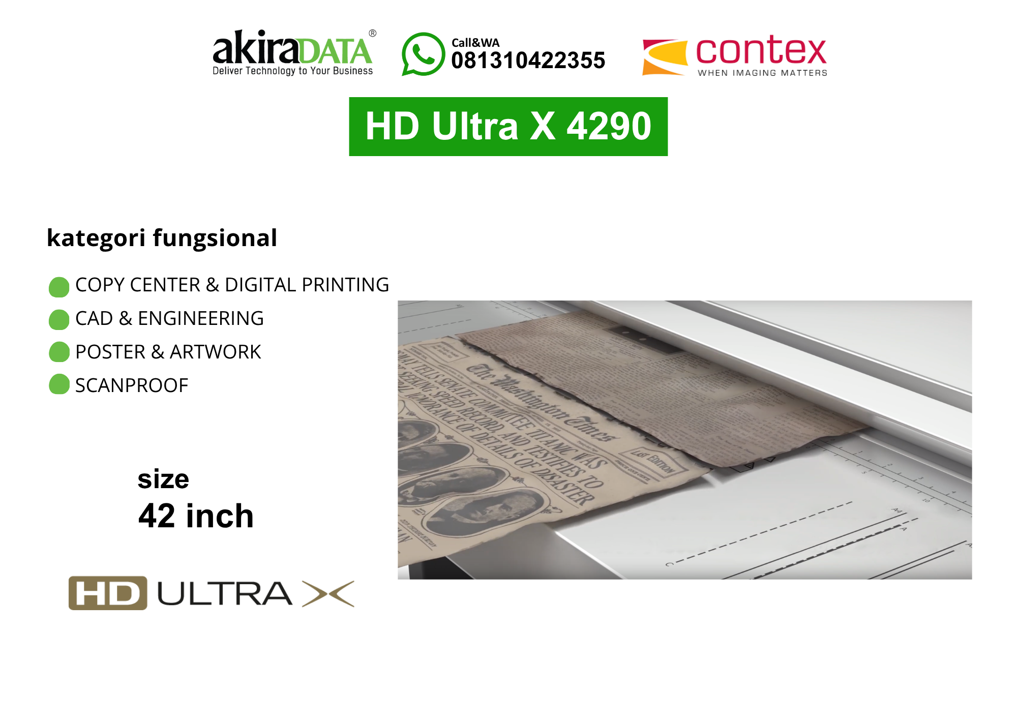 Scanner Contex HD Ultra X 4290 format besar 42 inch untuk pemindaian CAD, engineering, poster, artwork, dan kebutuhan scanproof.
