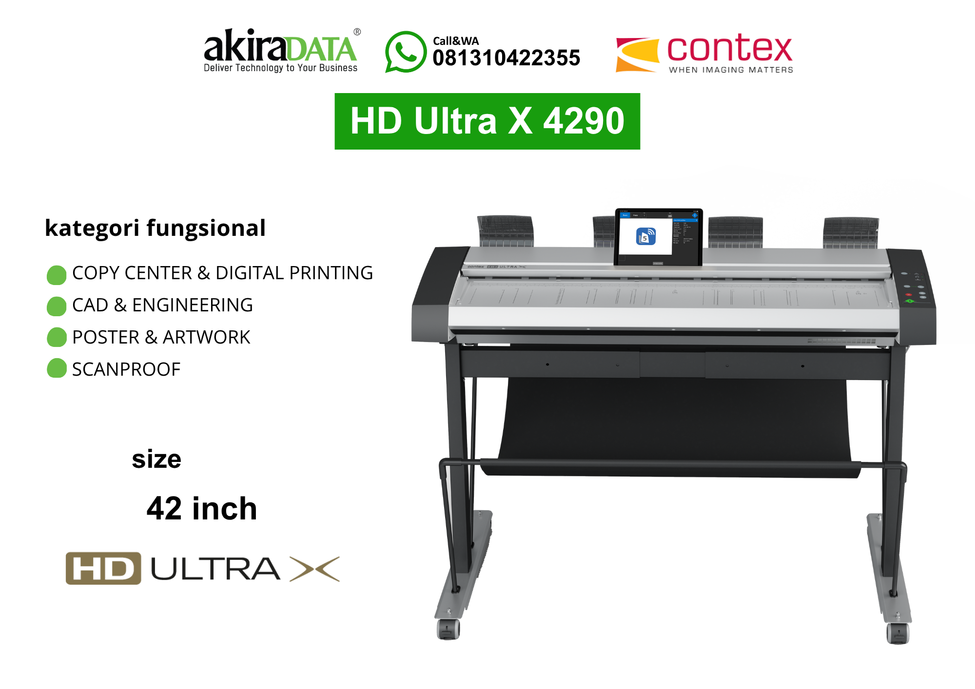 Scanner Contex HD Ultra X 4290 format besar 42 inch untuk pemindaian CAD, engineering, poster, artwork, dan kebutuhan scanproof.