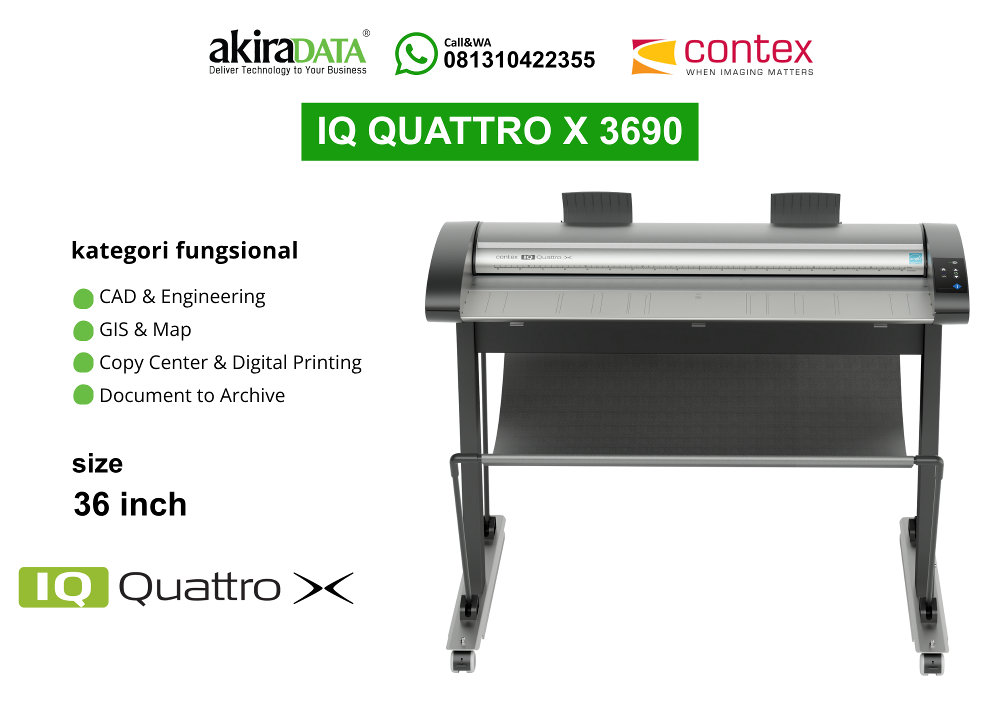 Scanner Contex IQ Quattro X 3690 – Pemindai full color format besar (36 inci) berkecepatan tinggi untuk CAD & Engineering, GIS & Map, dan kearsipan.