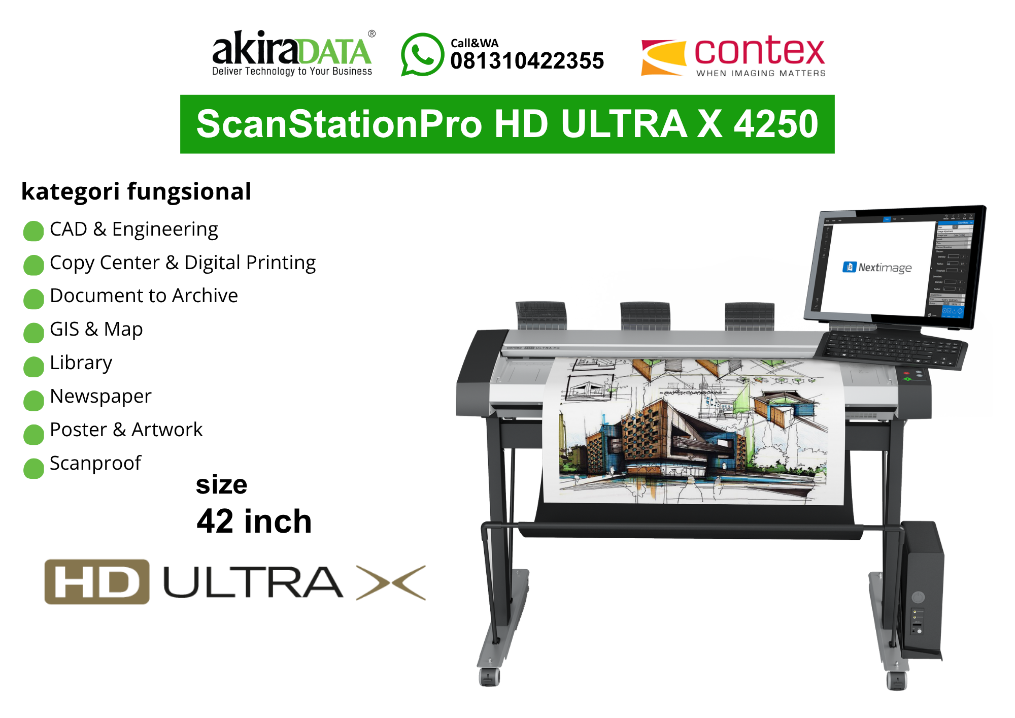 Scanner Contex ScanStationPro HD Ultra X 4250 ukuran 42 inci dengan monitor Nextimage, digunakan untuk pemindaian large format seperti CAD, arsip dokumen, peta, poster, dan artwork.