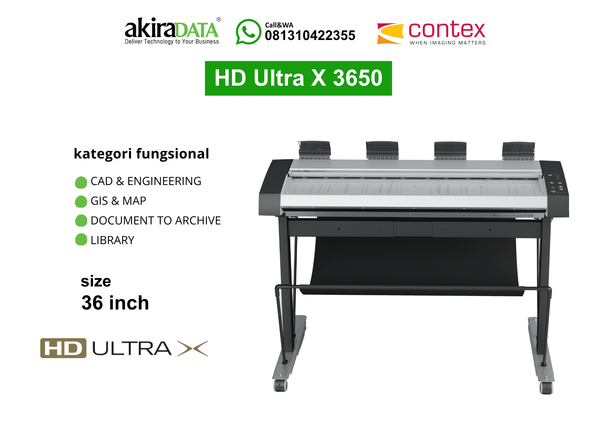 Scanner large format Contex HD Ultra X 3650 ukuran 36 inch untuk kebutuhan CAD, engineering, GIS, peta, arsip dokumen, dan perpustakaan