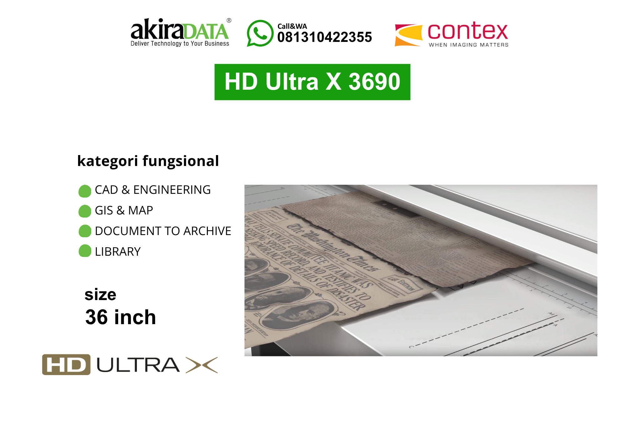 Scanner Contex HD Ultra X 3690 format besar 36 inch untuk CAD, GIS & Map, dokumentasi arsip, dan kebutuhan perpustakaan.