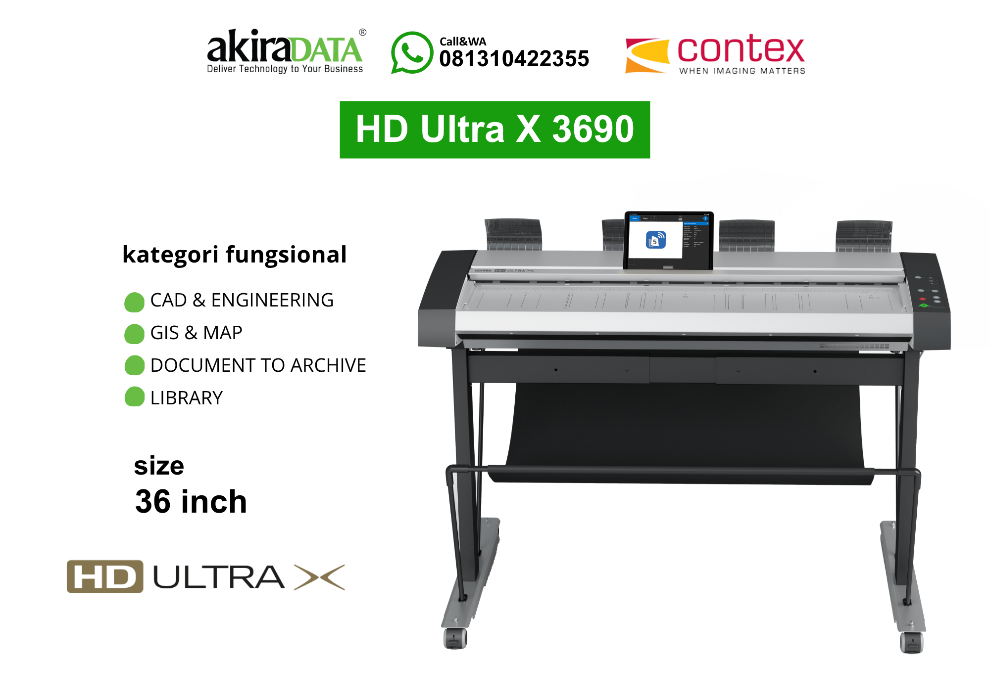 Scanner Contex HD Ultra X 3690 format besar 36 inch untuk CAD, GIS & Map, dokumentasi arsip, dan kebutuhan perpustakaan.